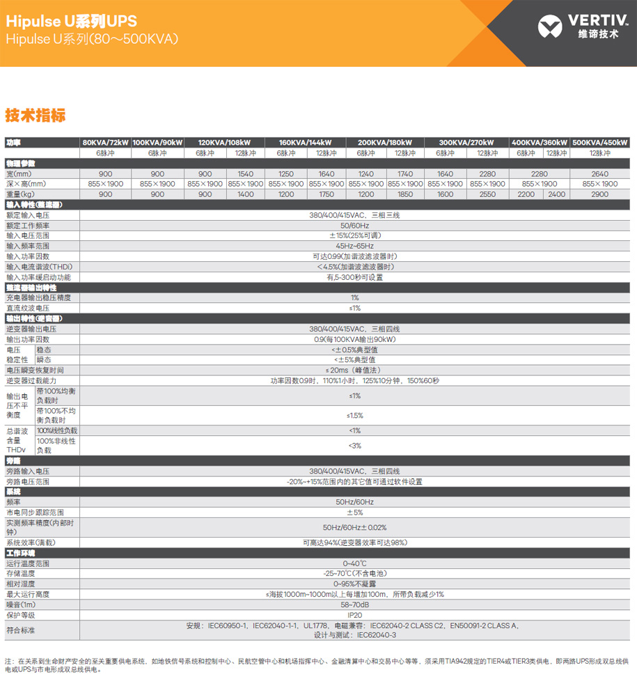 维谛 Liebert Hipulse U系列工业型UPS电源 技术参数