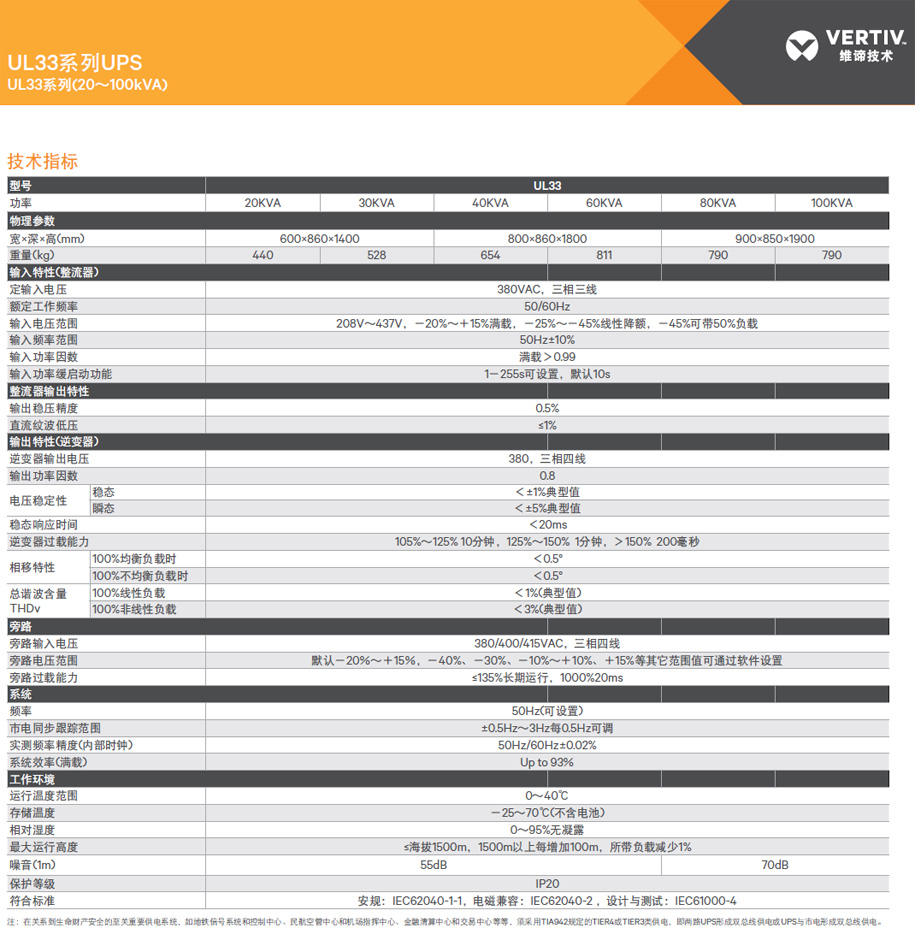 维谛Liebert iTrust UL33 20-100kVA UPS电源技术参数